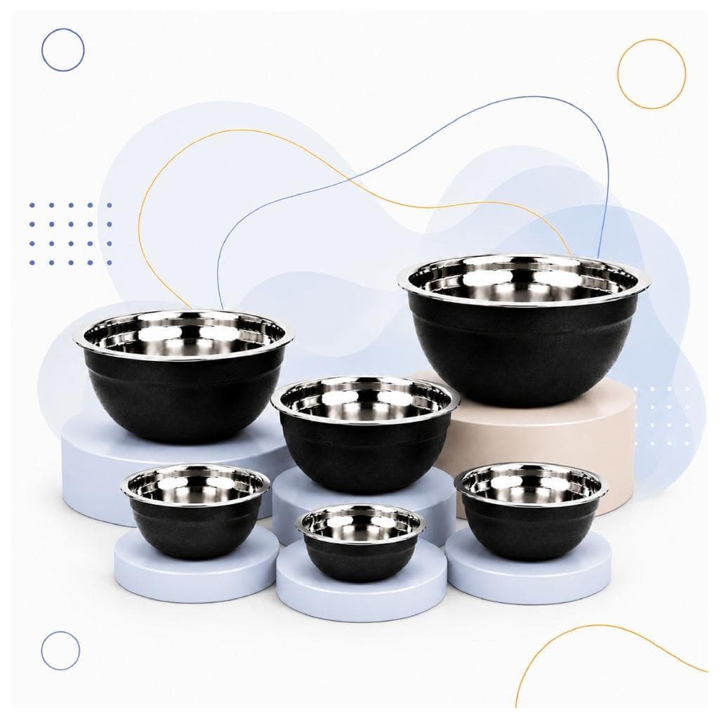 Kit 6 Tigelas Potes Bowl Inox Bacia Saladeira Moderna 16, 20, 24, 26, 28 e 30cm - 6 Peças - Preto