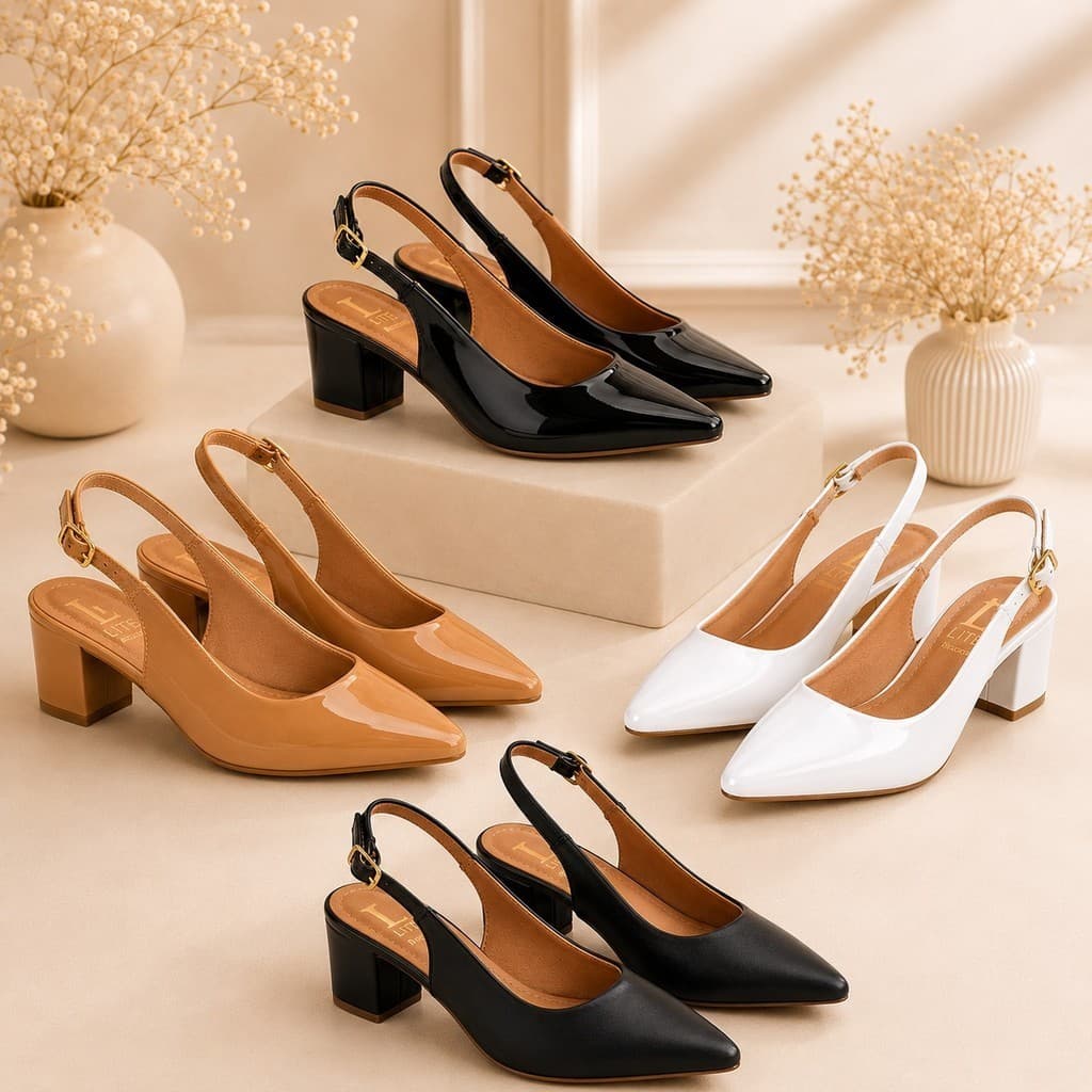 Sapato Feminino Scarpin Bico Fino Salto Grosso 6 cm Slingback Confortável Aberto Fivela Social Noiva