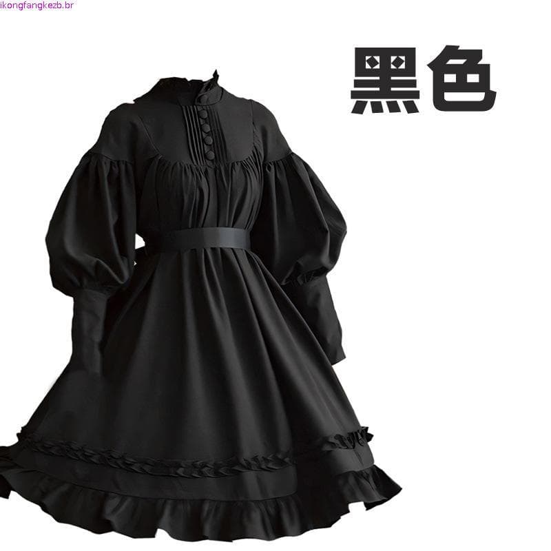 Vestido feminino de cor sólida, manga comprida, botão solto, renda, manga bufante, comprimento médio