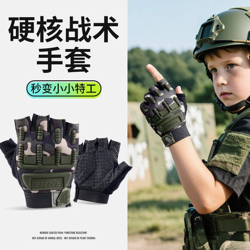 Luvas táticas infantis meio dedo camuflagem masculina esportes ao ar livre sem dedos estilo fino treinamento de proteção