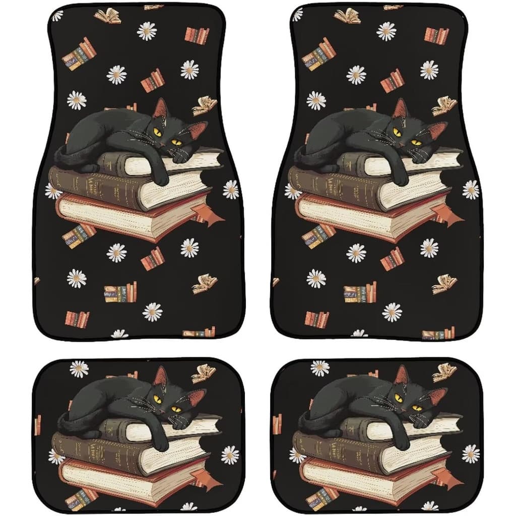 Conjunto de tapete de carro com tema de gato preto, conjunto de 4 peças, adequado para todas as condições climáticas, ma
