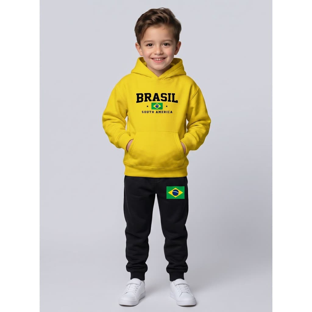 Conjunto Abrigo Agasalho Moletom Canguru Capuz Blusa Calça Inverno Brasil Torcida Futebol Infantil