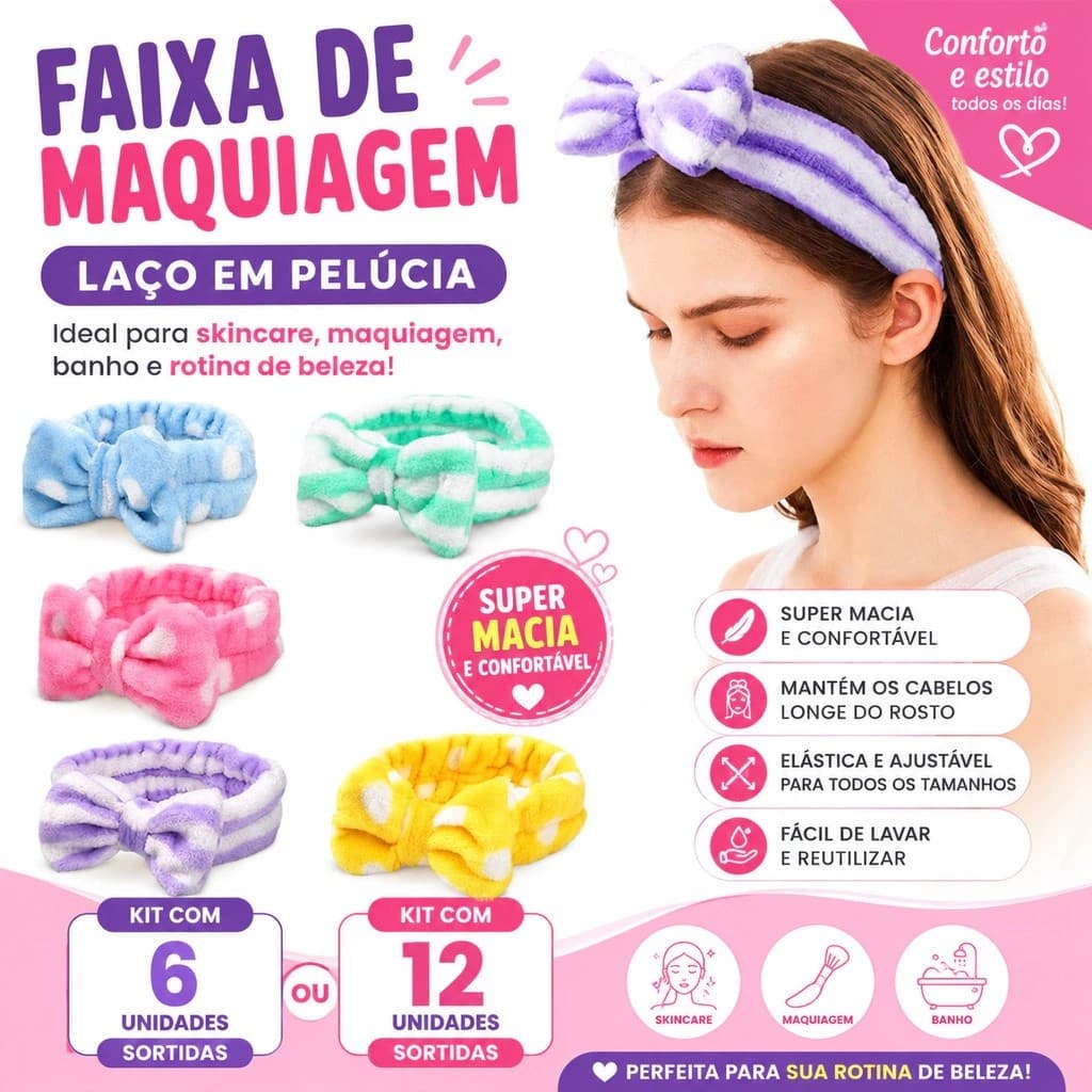 Kit 6/12Unidades Faixa de Laço Maquiagem Makeup Tiara Cabelo Rosto Limpo faixa para maquiagem