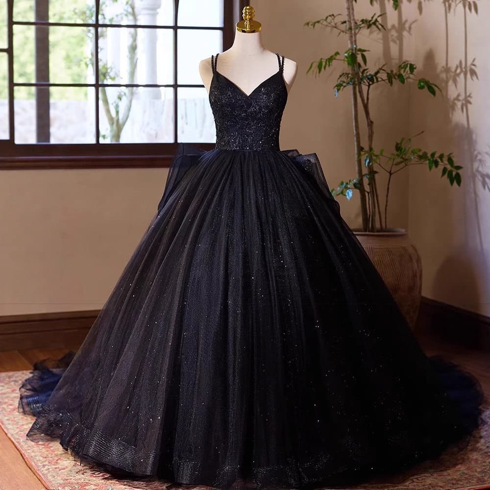 [Authentic] Black evening dress for women, strapless, bridal theme photography, light wedding dress, French-style puffy