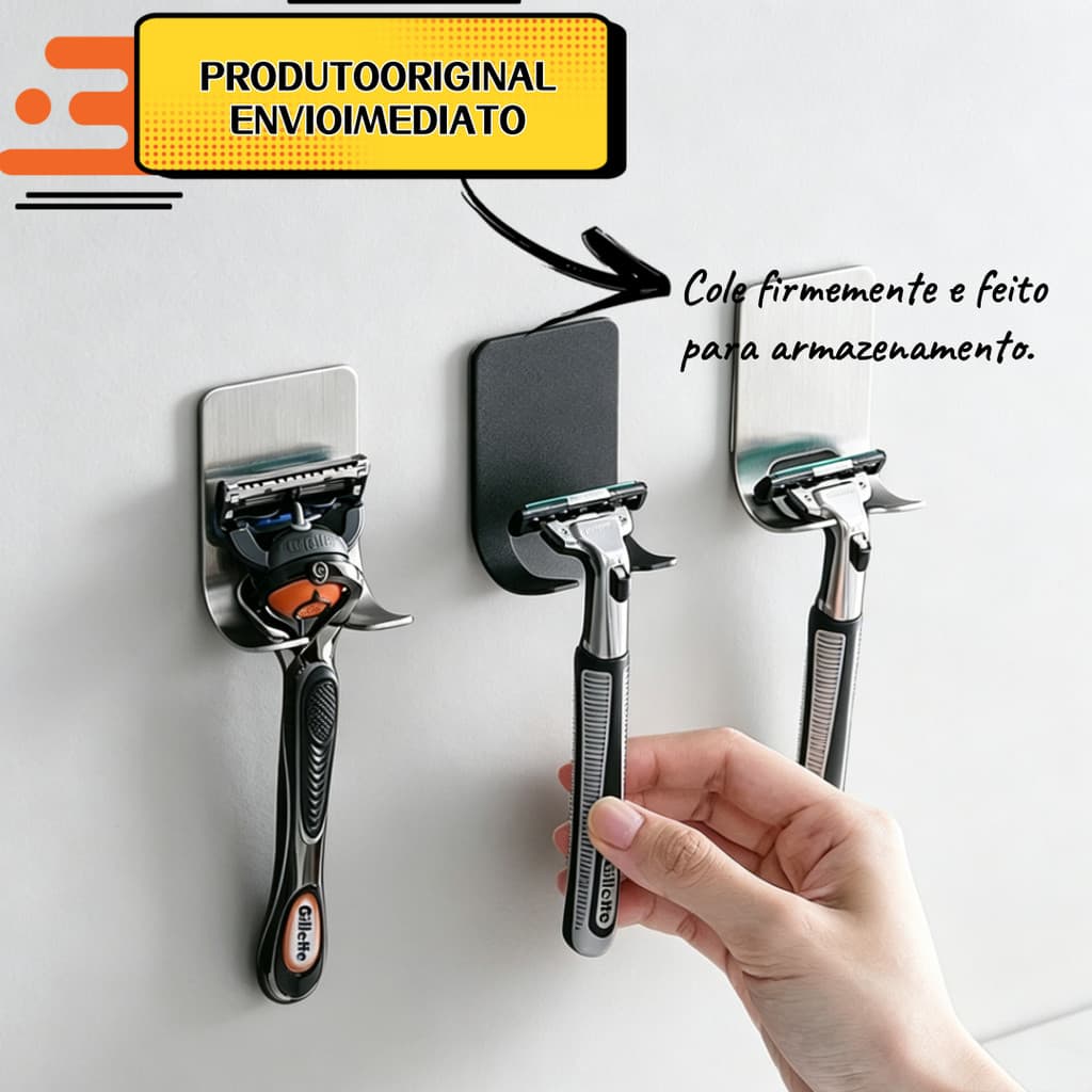Suporte De Barbear Aço Inox Para Laminas Gillette Prestobarba Com Fita Adesiva 3M Sem Furos