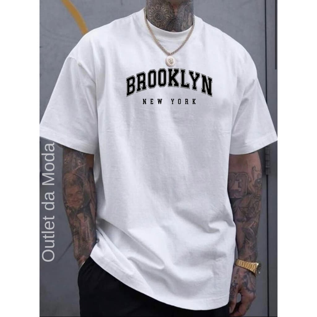 Camiseta Masculina Brooklyn Branca Casual 100% Algodão Malha 30.1