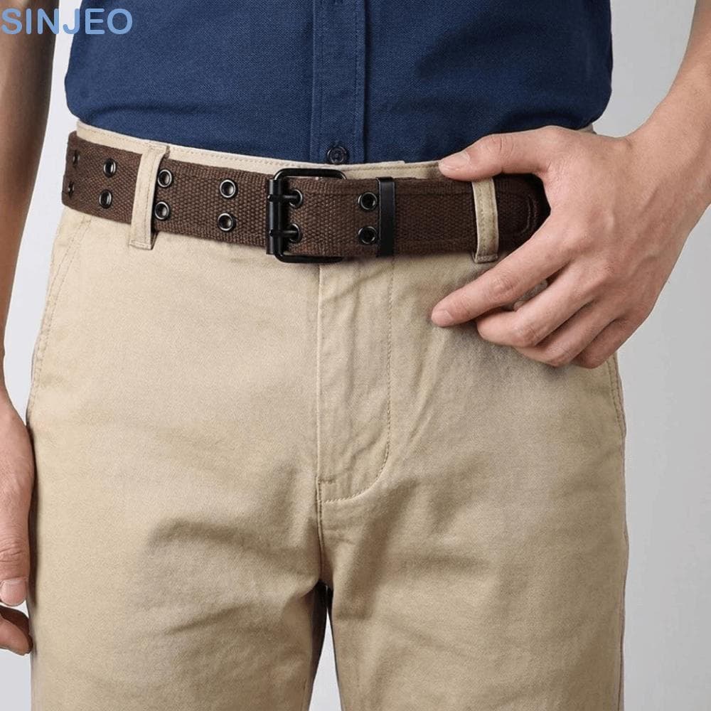 Cinto De Lona SINJEO , Masculino Com Fivela De Agulha De Fileira Dupla , Cintos Tecidos Metal Tecido Estilo Coreano