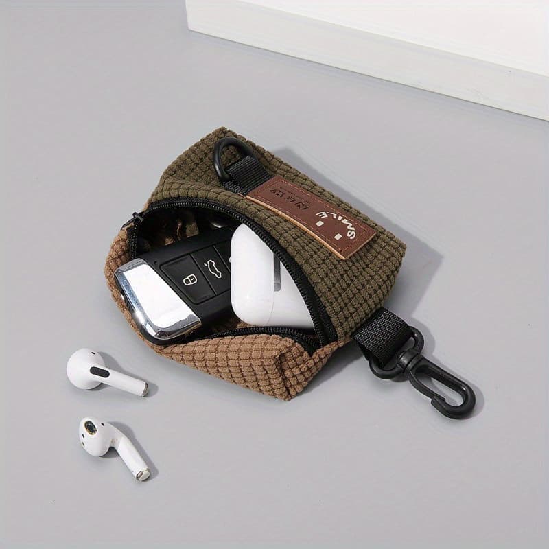 1 unidade, Bolsa Mini Vintage de Corduroy com Zíper Contrastante, Estilo Casual, Leve, Porta-Moedas, Bolsa Multifunciona