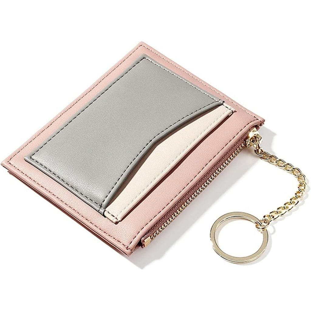 Bolsas Femininas Finas, Carteira Pequena de Couro para Cartões de Crédito, Porta-Moedas com Zíper, Bolsa Patchwork (Rosa