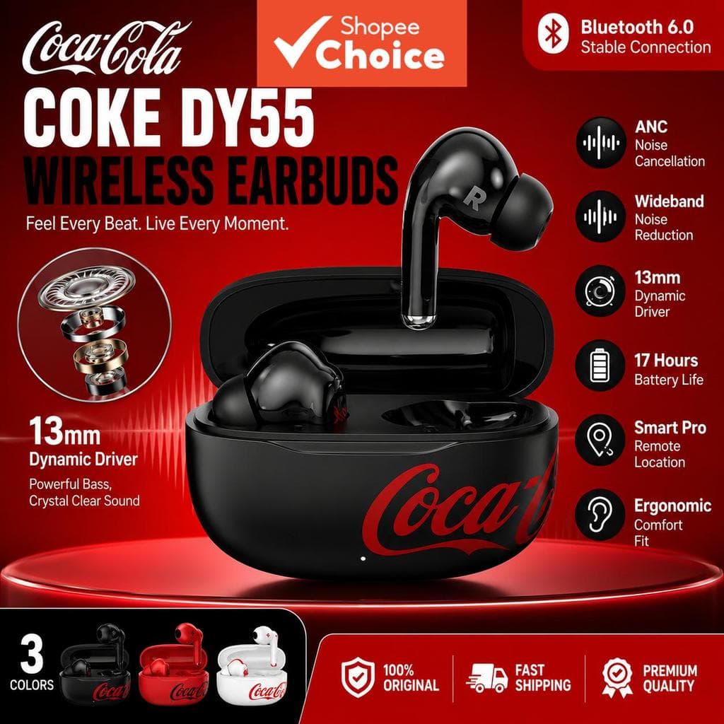 Fones de ouvido Coca-Cola T65Pro, fones de ouvido sem fio com cancelamento de ruído ANC, driver de 13 mm, Bluetooth 6.0,