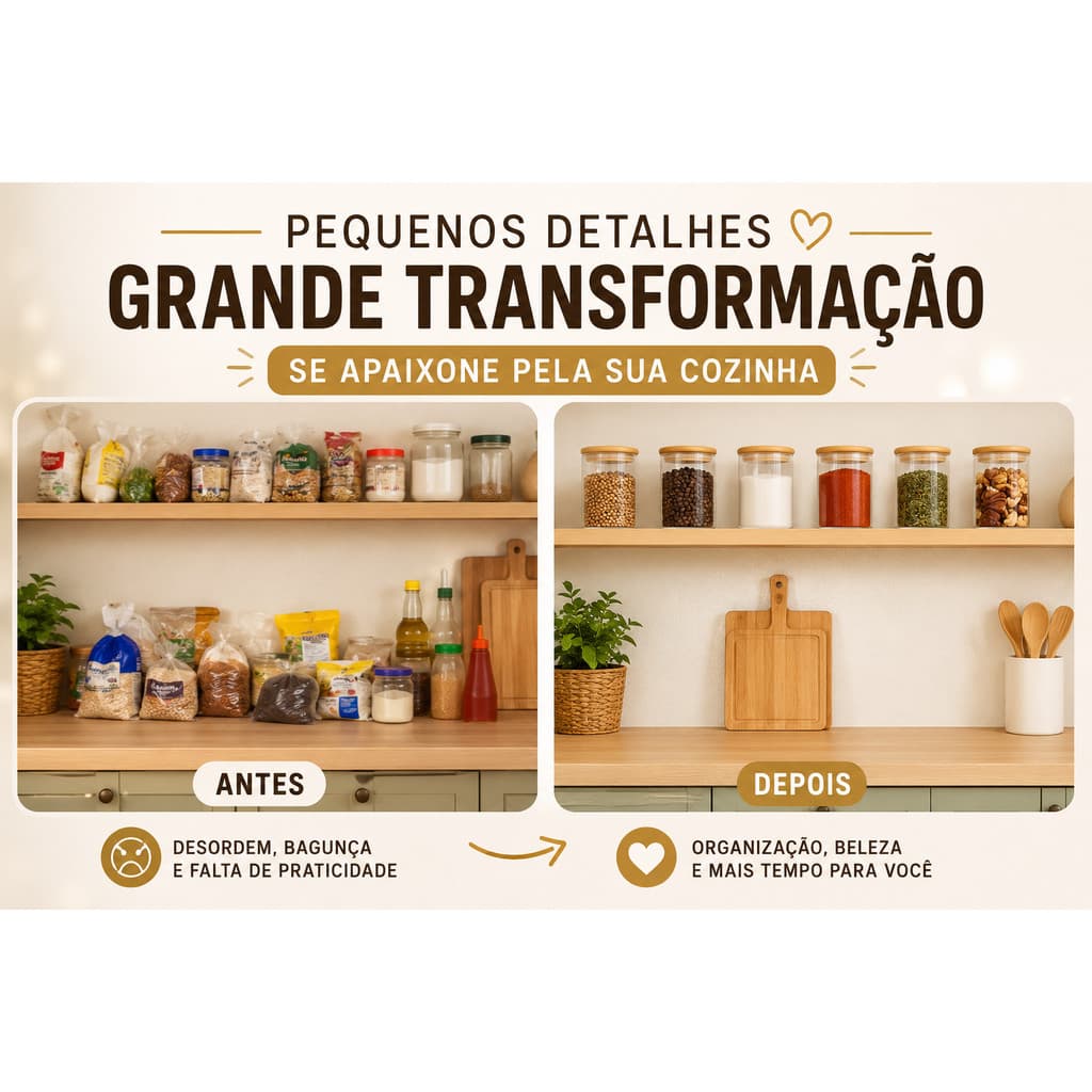 Organizador de Cozinha Kit 6 Potes Vidro Tampa Bambu Hermético Temperos Grãos Mantimentos 200ml