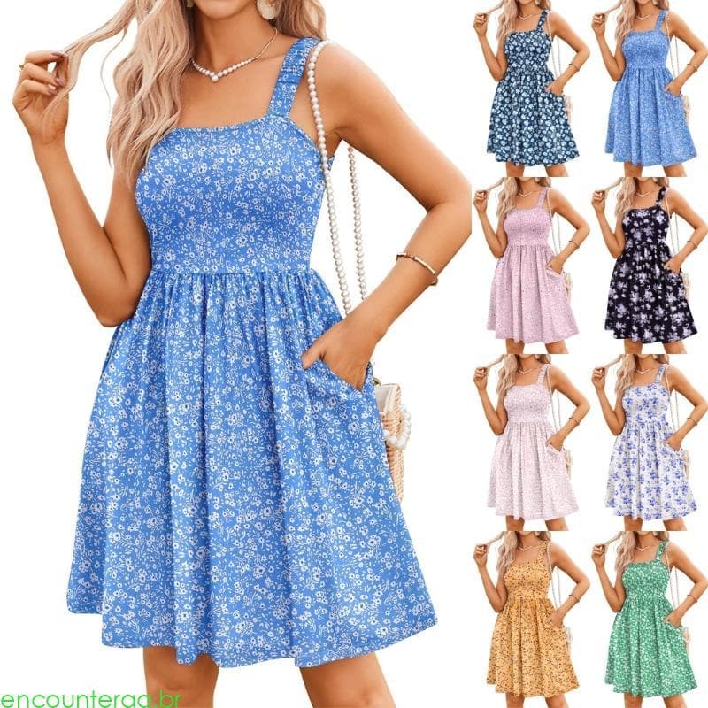 Encontroraa Vestido Feminino casual Quadrada E Bolsos Mangas Evasê