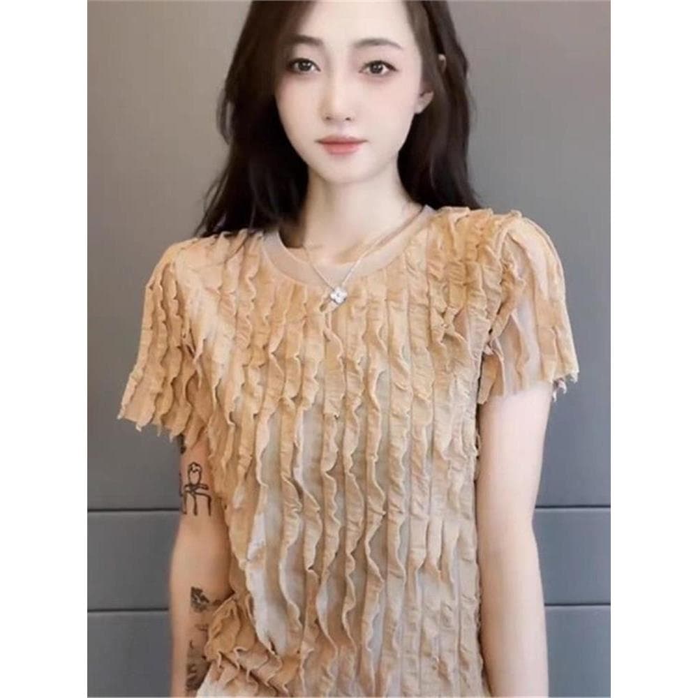 2026 novo estilo moda em torno do pescoço estilo ocidental All-Match camiseta de manga curta nicho feminino fino-ajuste