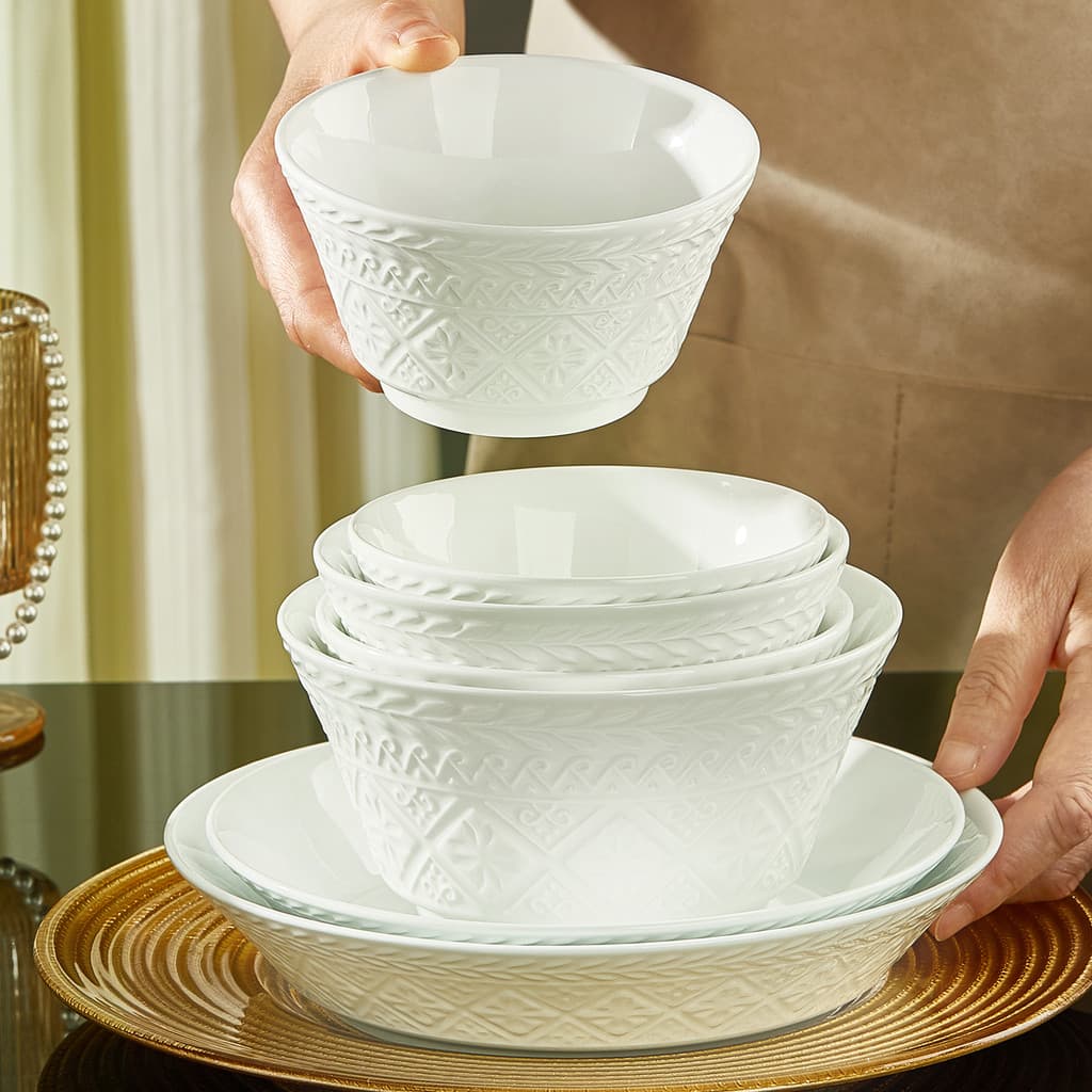 Tigela em relevo branca pura doméstica, tigela de arroz de cerâmica única, pratos, novo estilo, 2026, luz, luxo, forno d