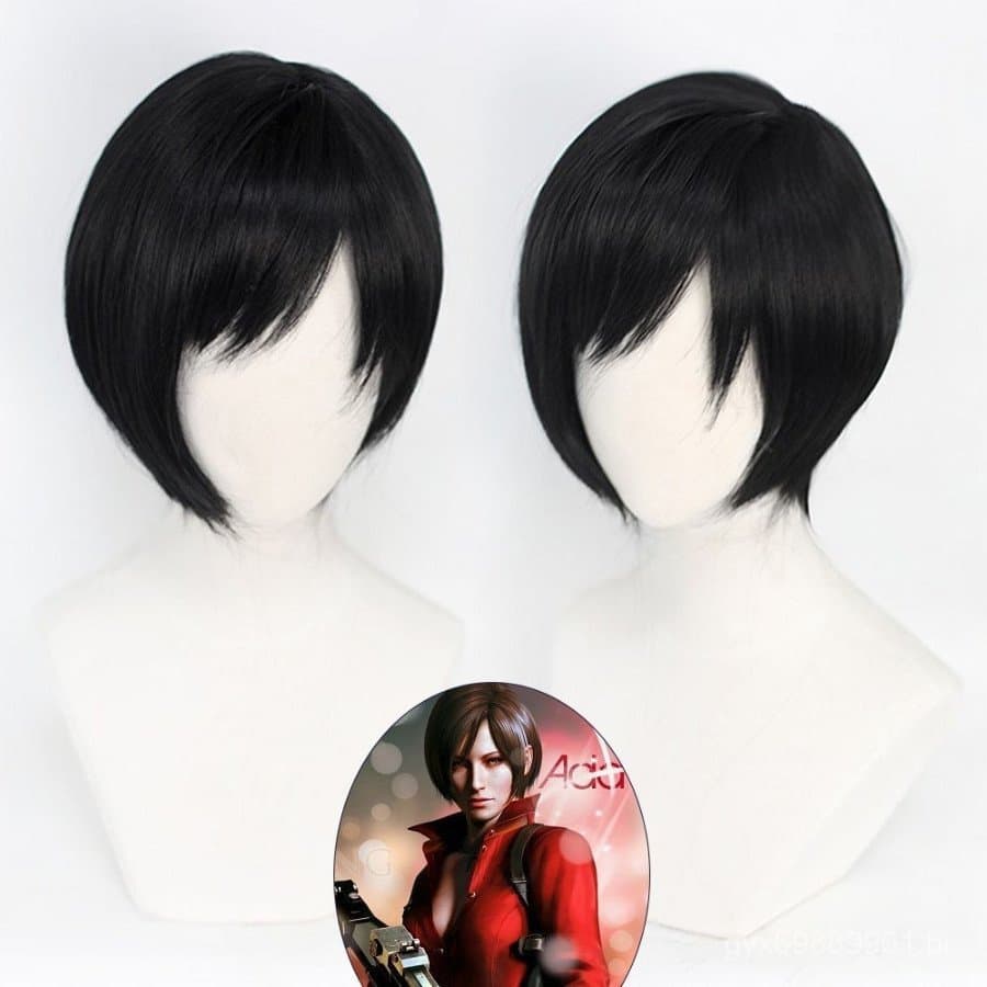Peruca Curta Preta de 32cm para Cosplay de Ada Wong (Resident Evil 8) - Peruca Sintética Resistente ao Calor