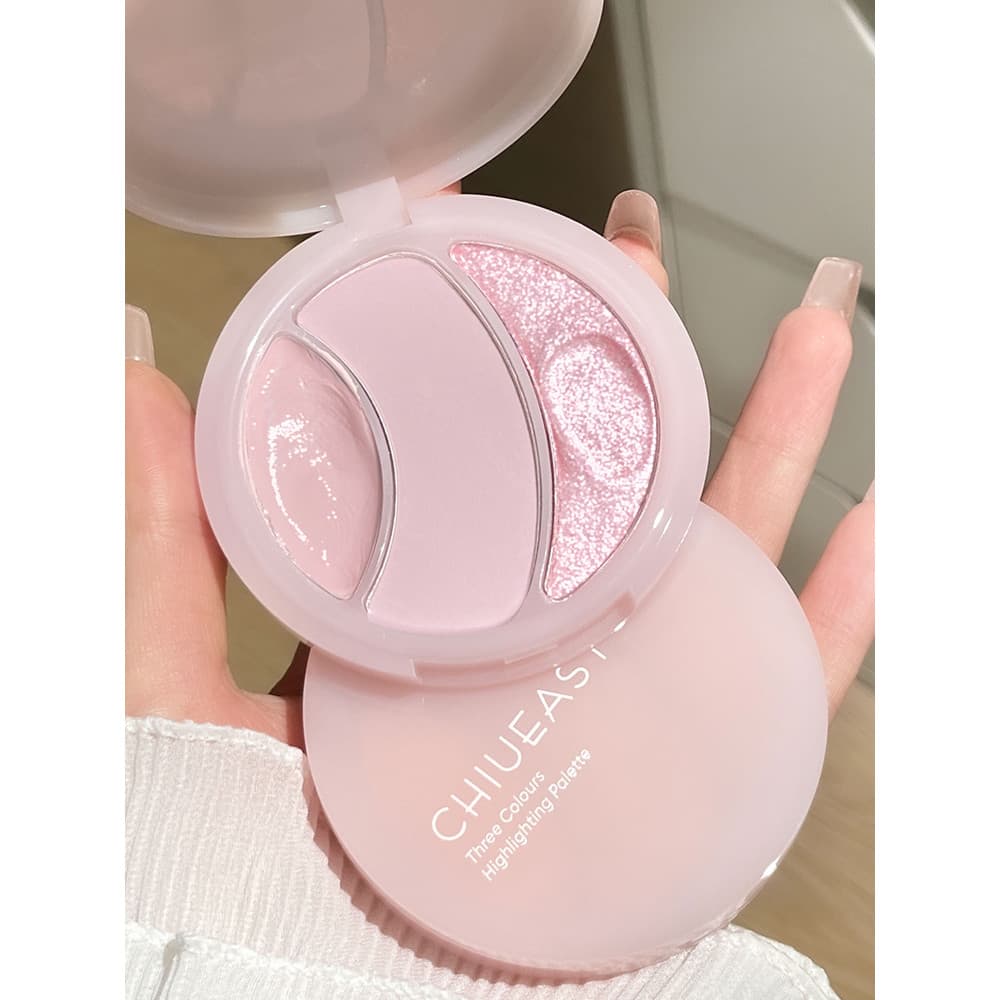 Pele feminina transparente macia rosa!Creme em pó fosco de alto brilho em três cores, água brilhante, brilho tridimensio