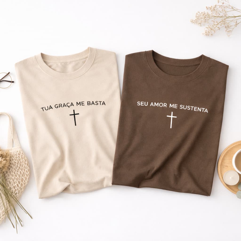 Kit 2 Camisetas Religiosas Tua Graça Me Basta Seu Amor Me Sustenta 100% Algodao Confortavel