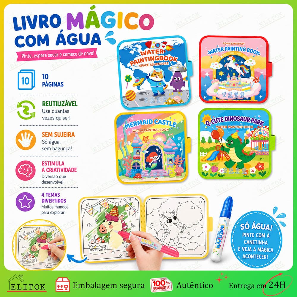 Livro de Colorir com Água Mágico 10 Páginas Reutilizáveis + Caneta Inclusa Educativo e Sem Bagunça para Crianças