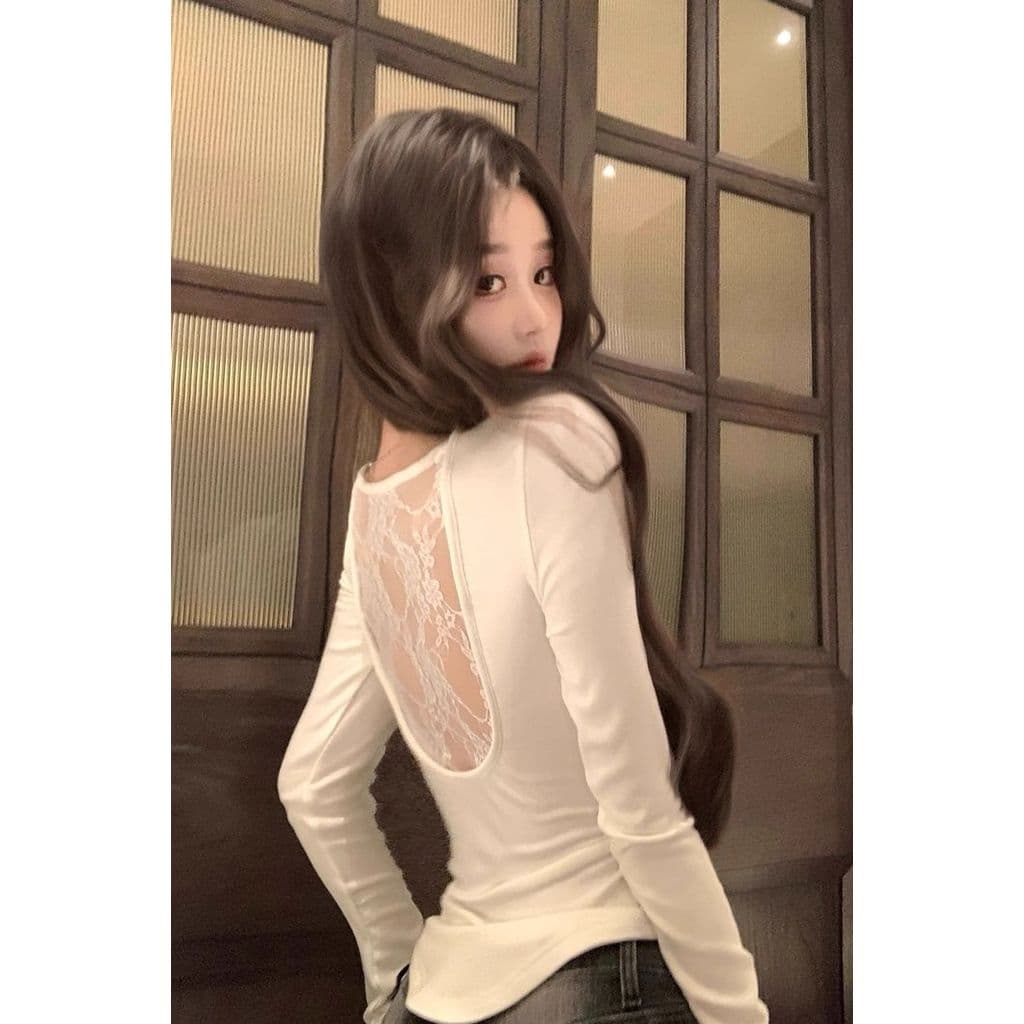 Camiseta feminina de manga comprida com costura de renda outono inverno novo estilo Slim fit Design interno Base Top