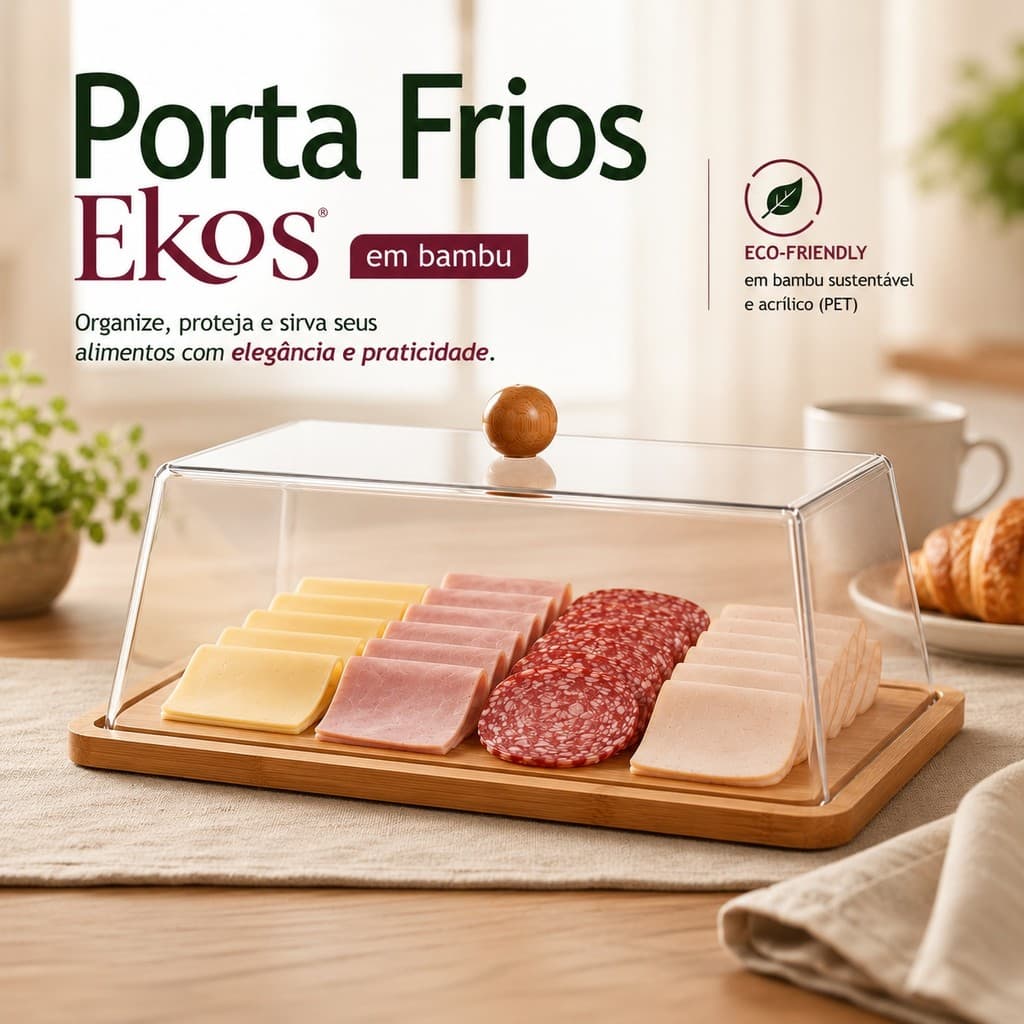Porta Frios Retangular em Bambu com Tampa Transparente PET e Pegador para Cozinha