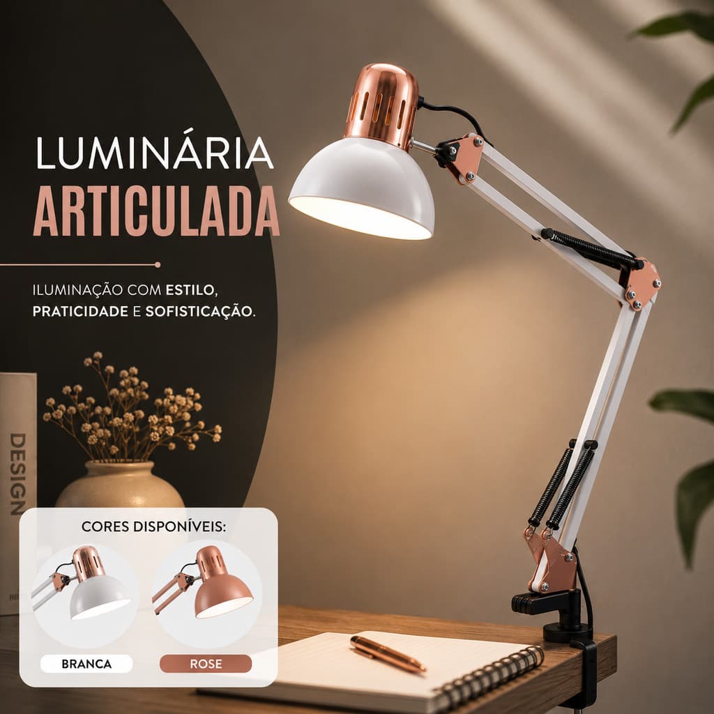 Luminária Rose Luxo Pixar de Mesa Metal Abajur Articulável Bivolt Metalizado 95cm