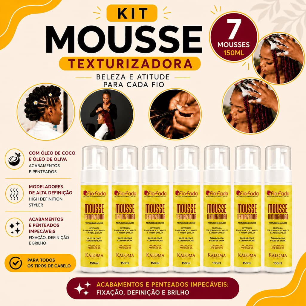 Kit 7 Mousses Texturizador Fio de Fada 150ml Espuma Capilar Definição Tranças Anti Frizz