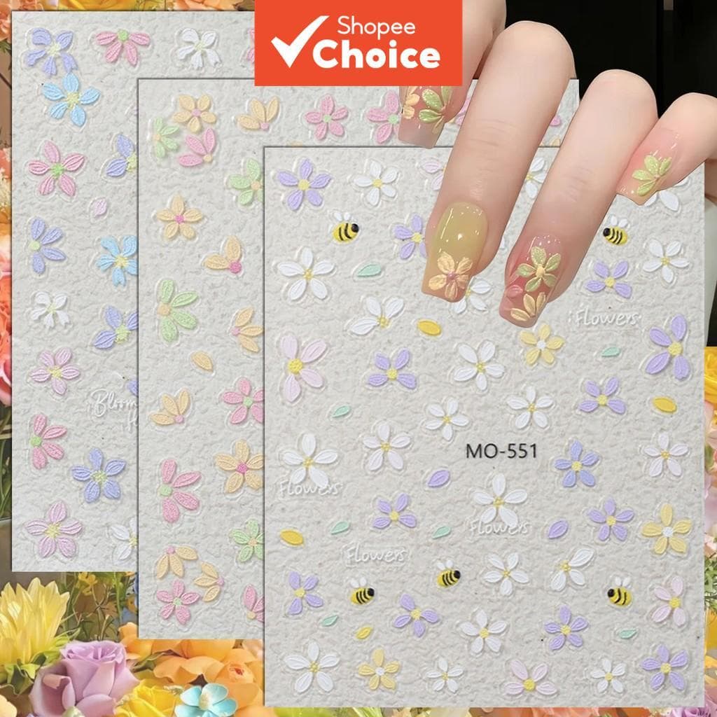 3/6/12 Folhas de adesivos para unhas com flores em relevo 5D, adesivos florais de margarida e abelha, decoração DIY de