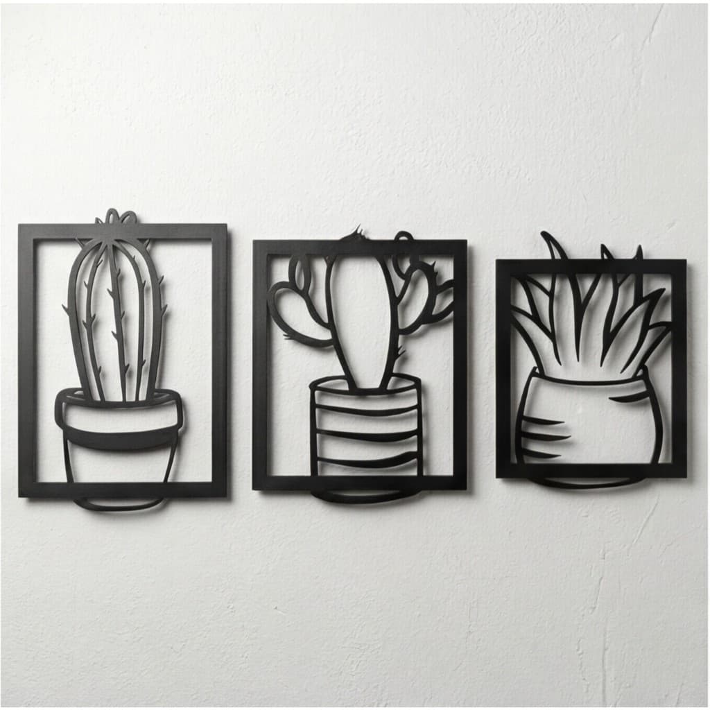 Trio Quadros Decorativos Cactos Suculentas MDF Preto 3D Parede Vazado Sala Quarto Boho Escandinavo