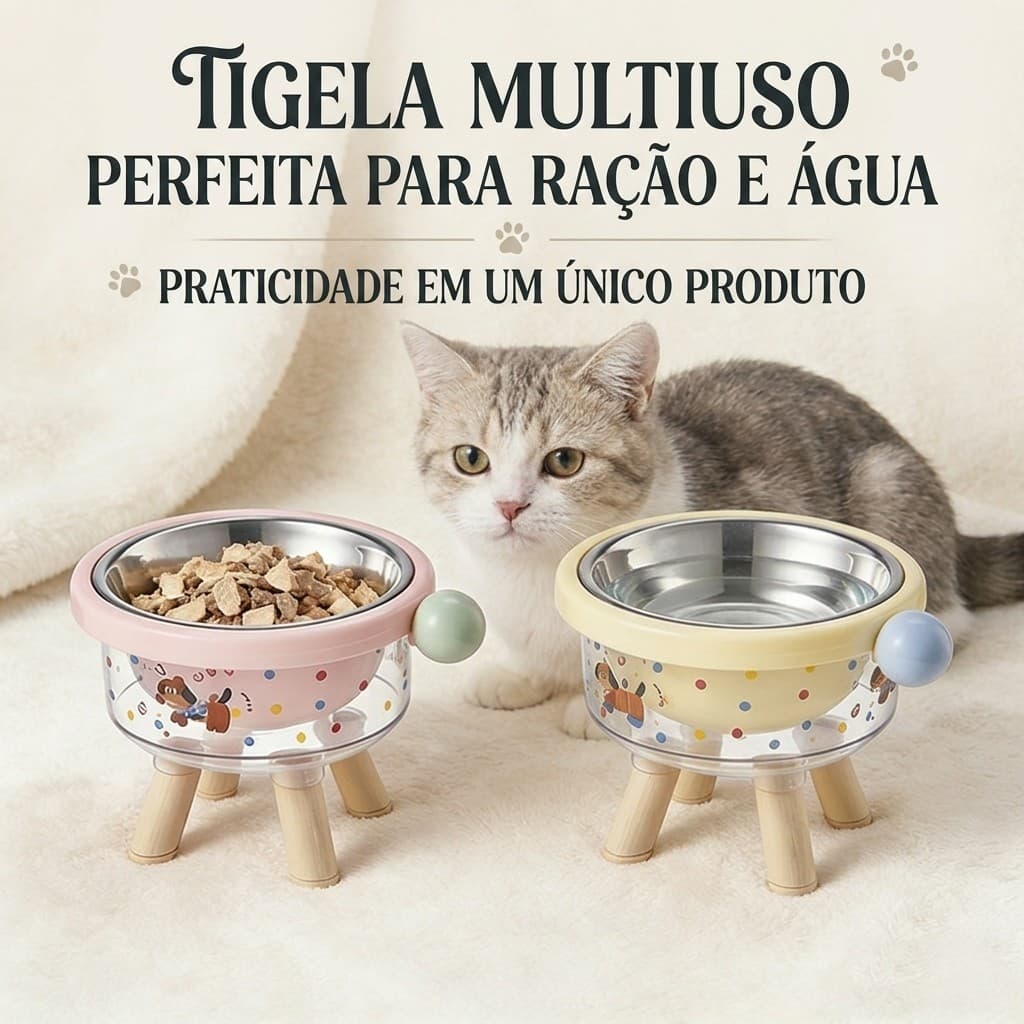 Comedouro Elevado Transparente para Gatos e Cães Pequenos, Tigela Inox Removível Antiderrapante, Comedouro Pet