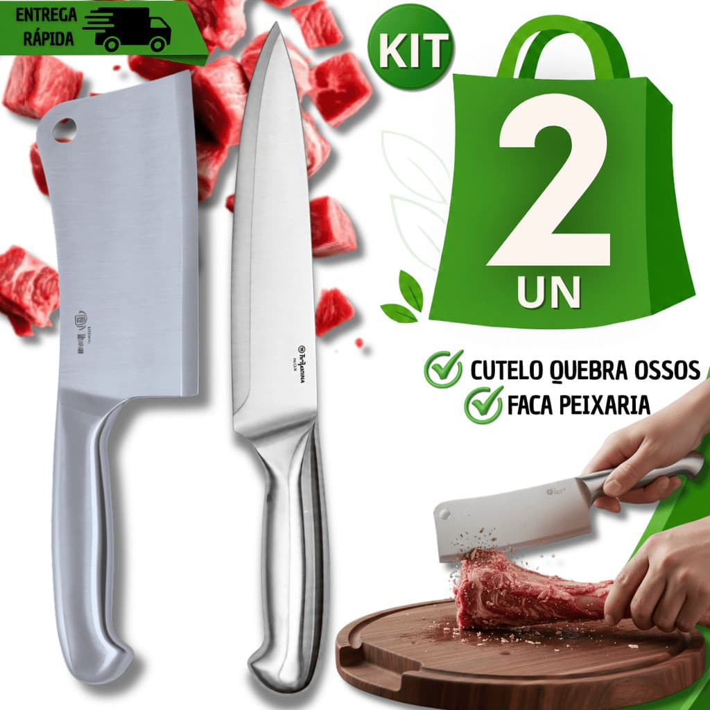 Cutelos 6' e Faca Peixeira 7' Aço Inox Escovado Cabo Inteiriço Cozinha Açougue Restaurantes Praticidade