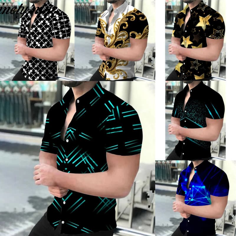 Camisa masculina de manga curta, estampa geométrica dourada, estilo casual luxuoso, adequada para festas.