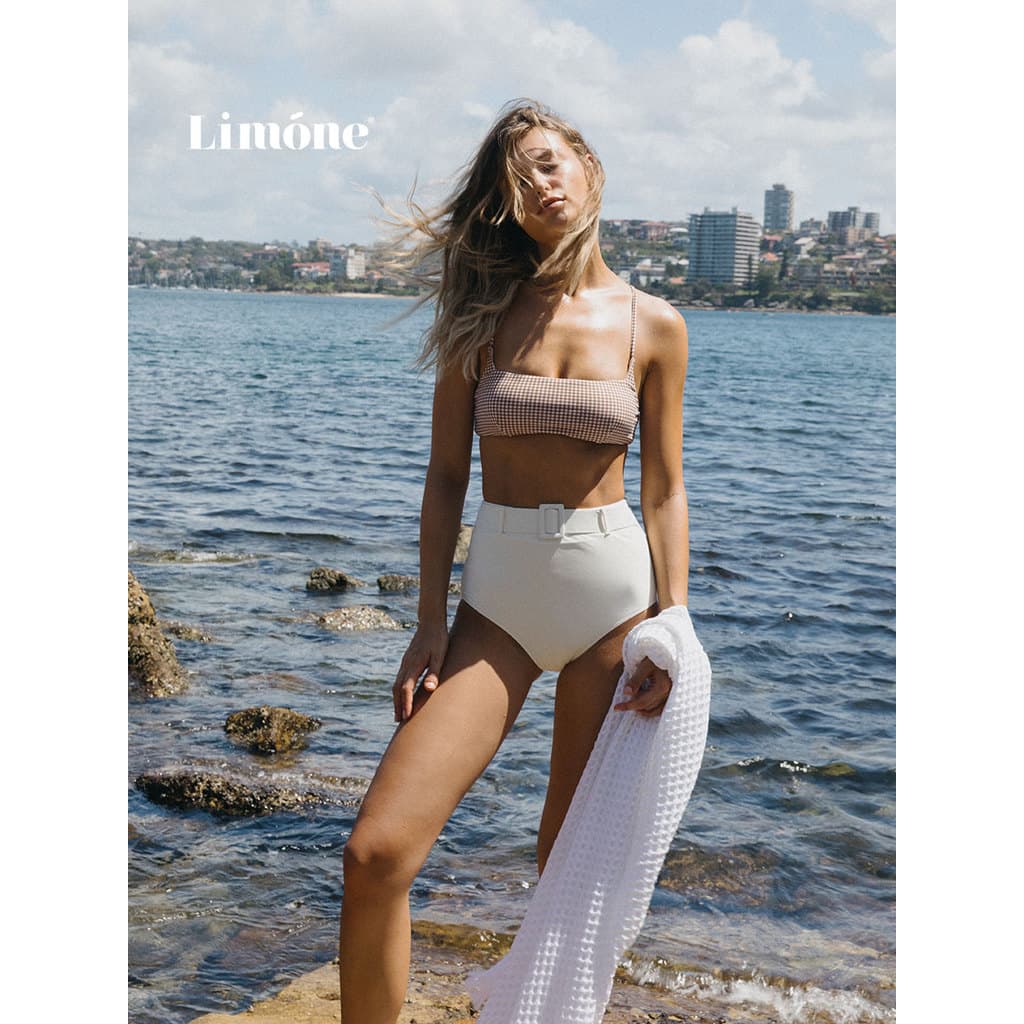 [Tempo limitado 20% de desconto] Limone Maiô feminino com cintura alta dividida, gola quadrada, biquíni retrô, estilo fé
