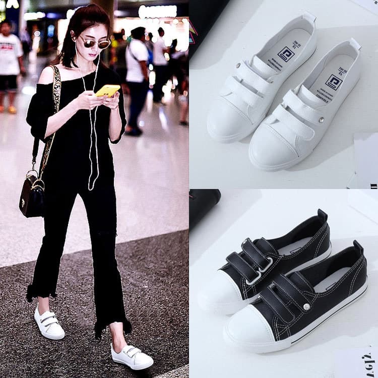 2026 primavera novo estilo boca rasa sapatos brancos femininos estilo literário respirável sapatos casuais plana Velcro