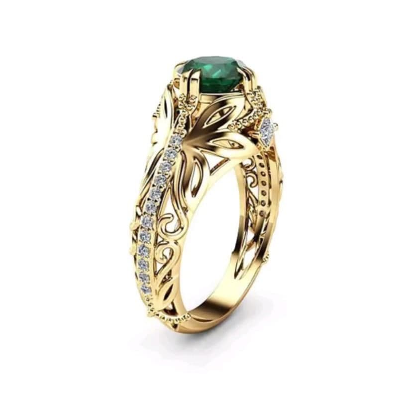 Anel de esmeralda banhado a ouro 14K está em estoque, anel de noivado de luxo europeu com imitação de diamante, modelo A