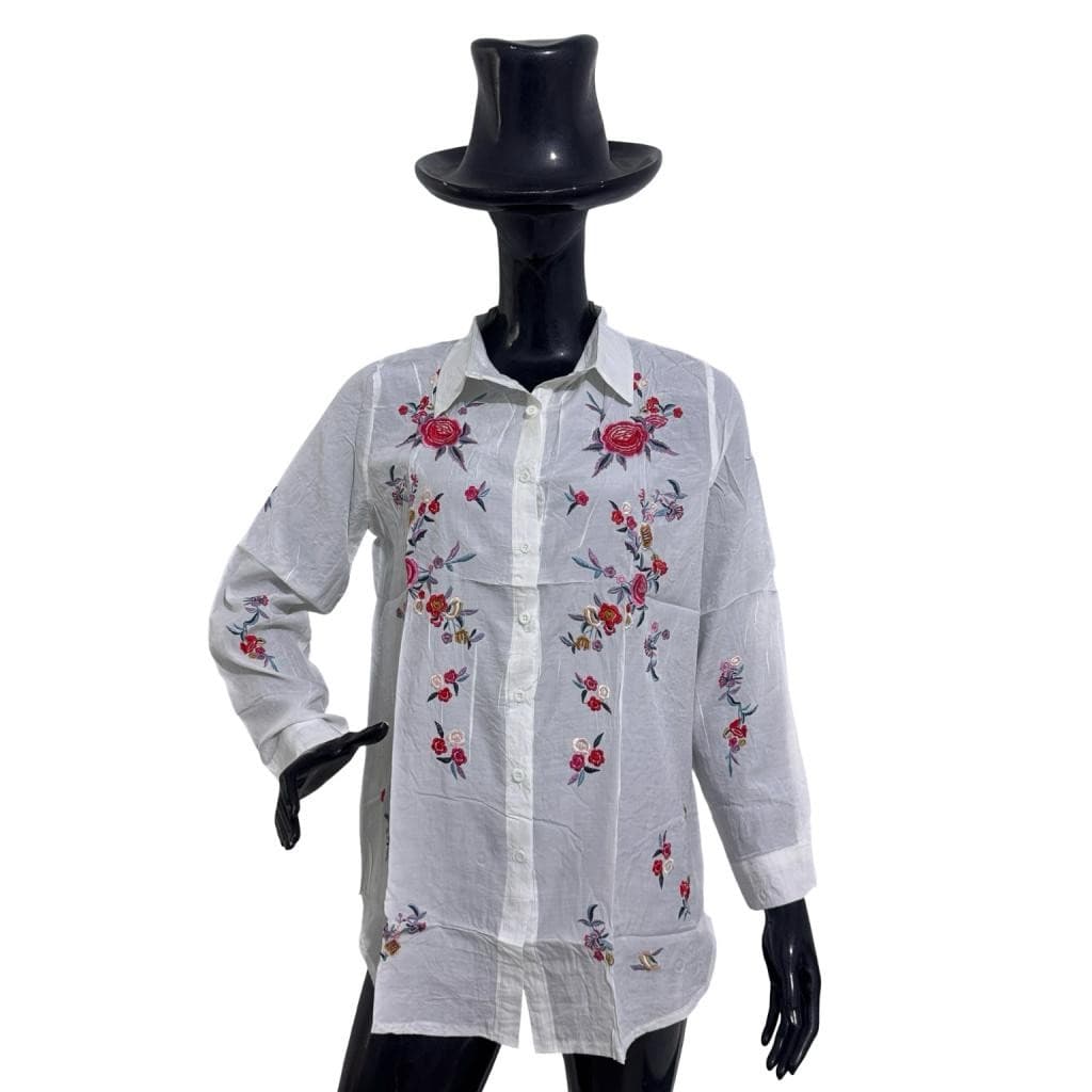 Camisa feminina bordada floral manga longa algodão casual elegante REF W8535