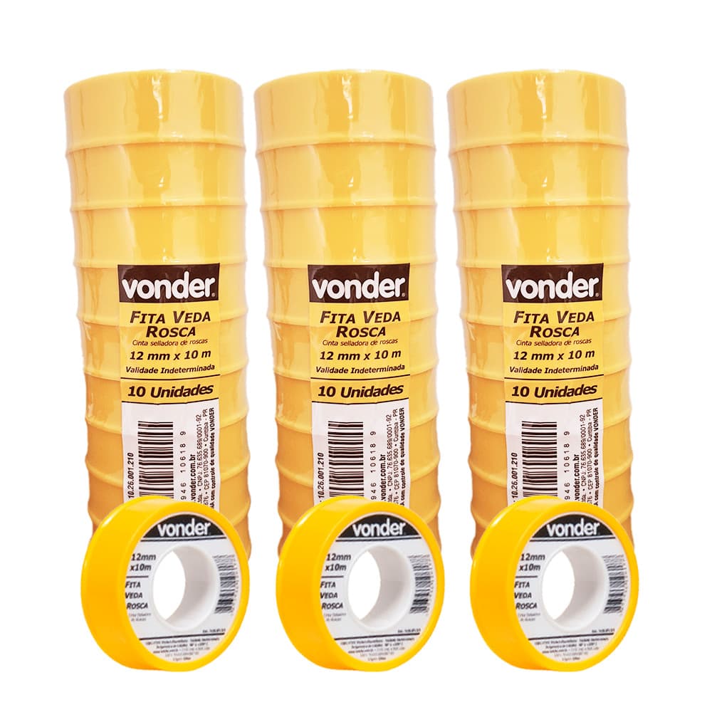 Kit 30 Fitas Veda Rosca Vonder 12mm x 10m C/ Estojo Protetor