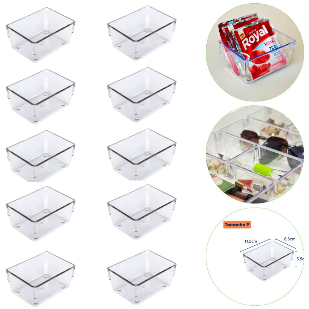 Kit 10 Organizador Gavetas Multiuso Acrílico Empilhável P 11,5x8,5x6Cm Trioplast