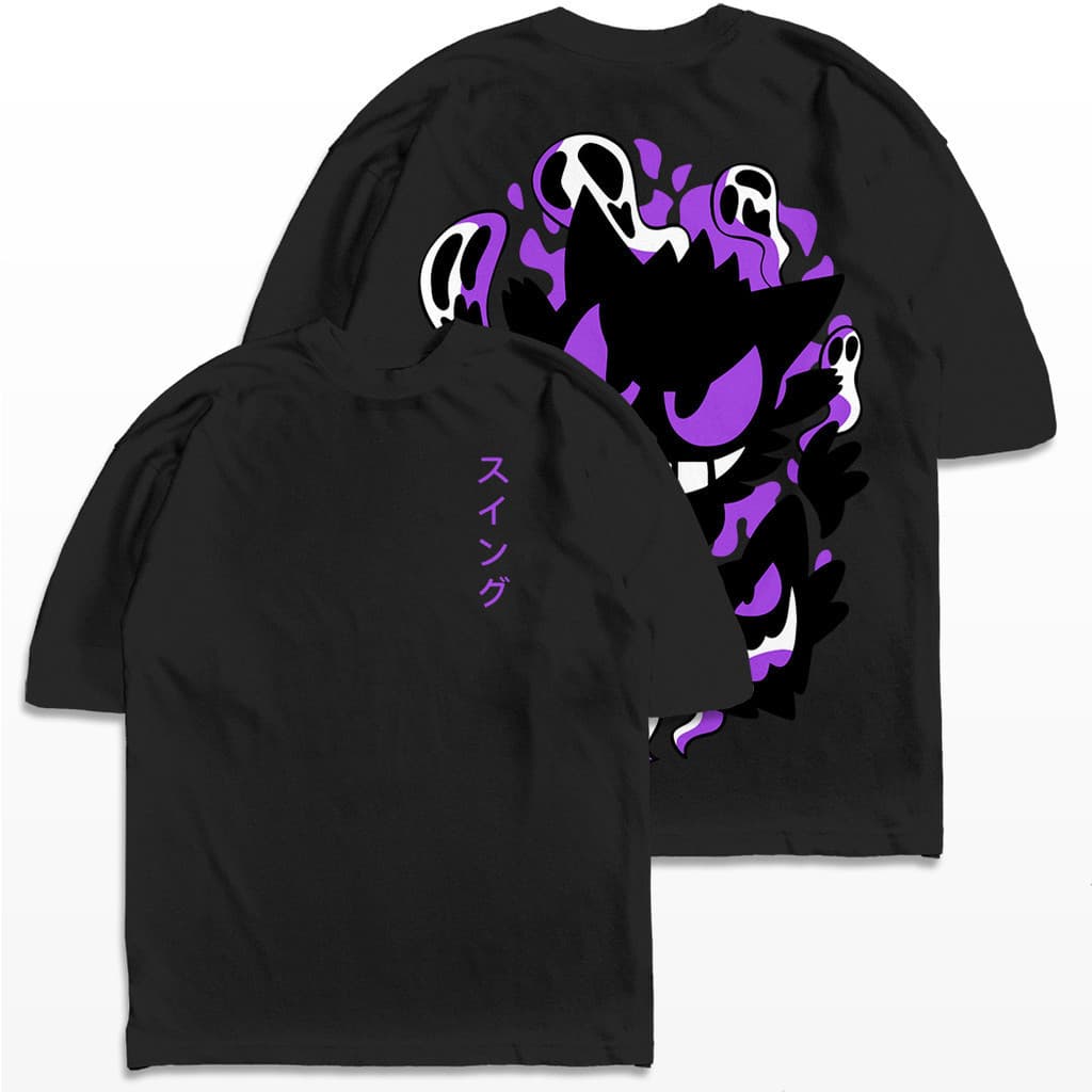 Camiseta de algodão premium com gola redonda, tamanho grande, Gengar Evolution, anime Pokémon, streetwear, unissex