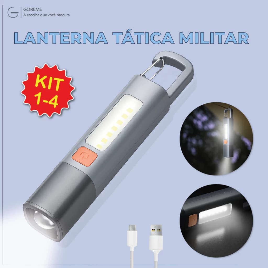 Lanterna Tática Led Recarregável Com Gancho e Zoom 1000LM Luminária com USB Luz Lateral 3 Modos