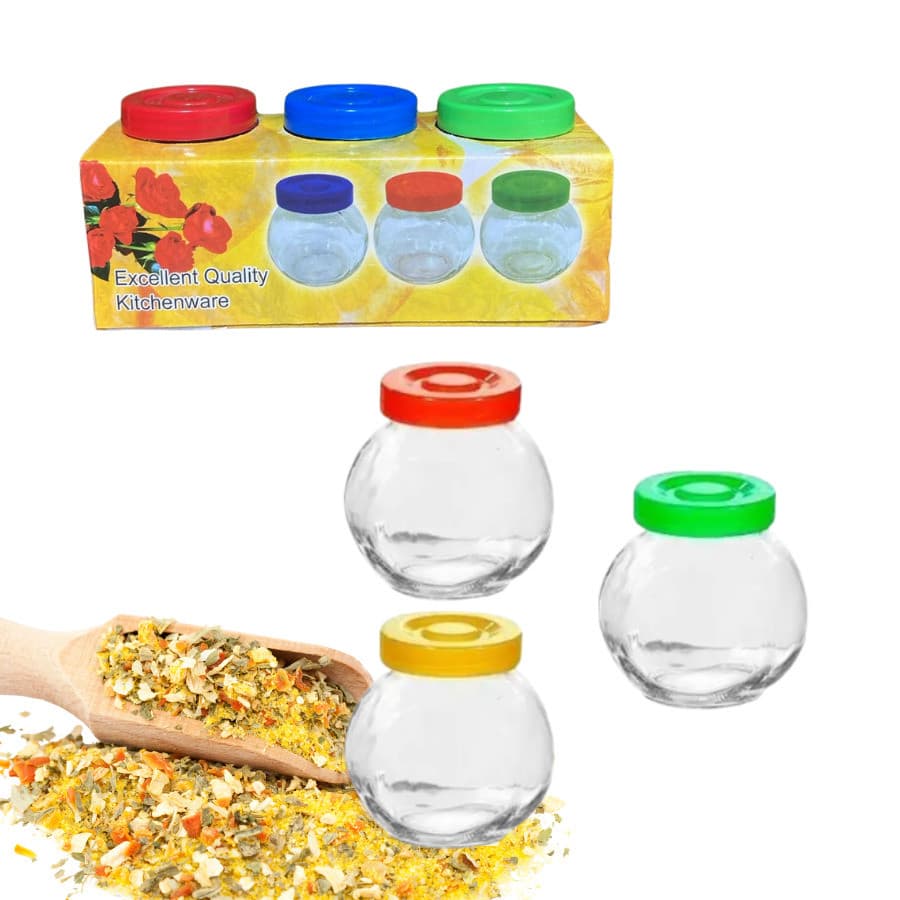 Conjunto Com 3 Porta Tempero Condimento De Vidro Com Tampa Plástica Colorida - 180ml Cada