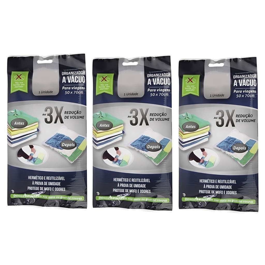Kit 3 Saco A Vácuo para Roupas Cobertor Toalhas Travesseiros 50x70cm
