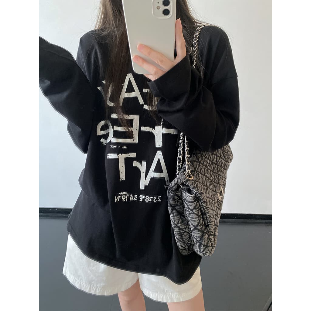 Sol Pomelo primavera outono americano Retro quente prata carta impressão preguiçoso solto de manga comprida camiseta fem