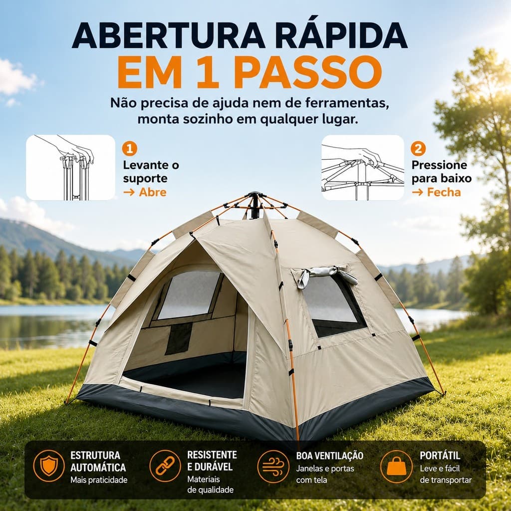 Tenda automática multifuncional premium para uso externo, com 2 portas e 2 janelas, disponível em 2 tamanhos.