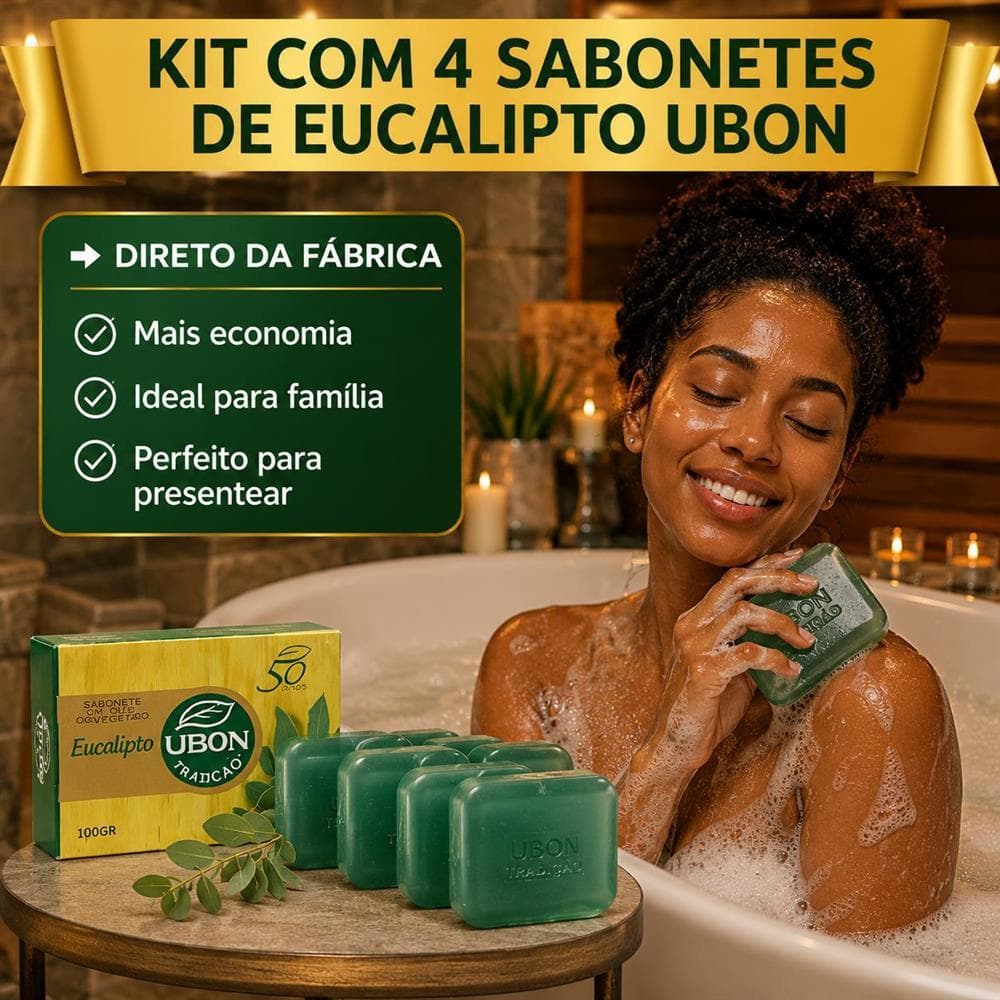 4 Sabonetes de Eucalipto Natural em barra Glicerinado c/ Emolientes Refrescante e Hidratante Ubon