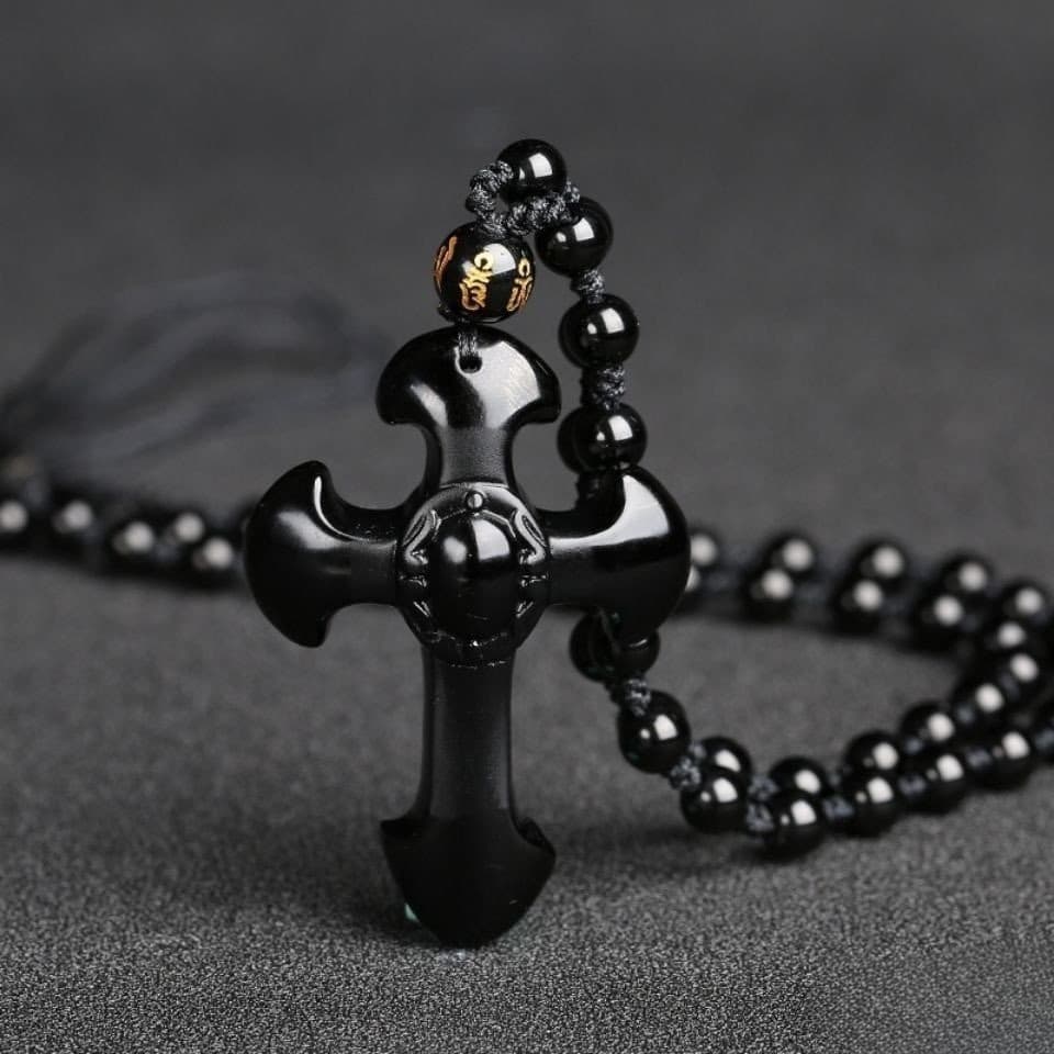 Colar de Pérolas de Obsidiana para Homens com Pingente de Cruz, Joia Masculina Charmosa