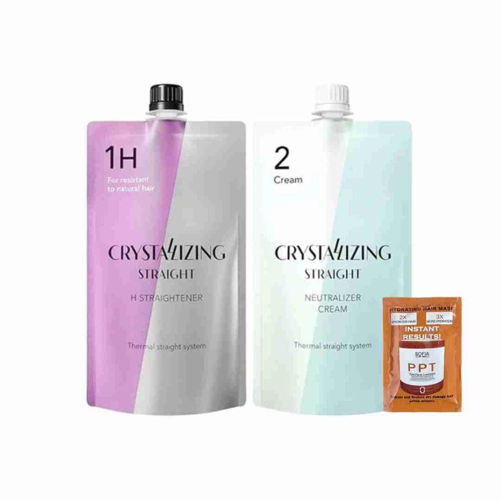 Alisador de Cabelo com Tecnologia de Reestruturação Cristalina (H1) + Creme Neutralizador # 2) + Conjunto de Máscara Cap