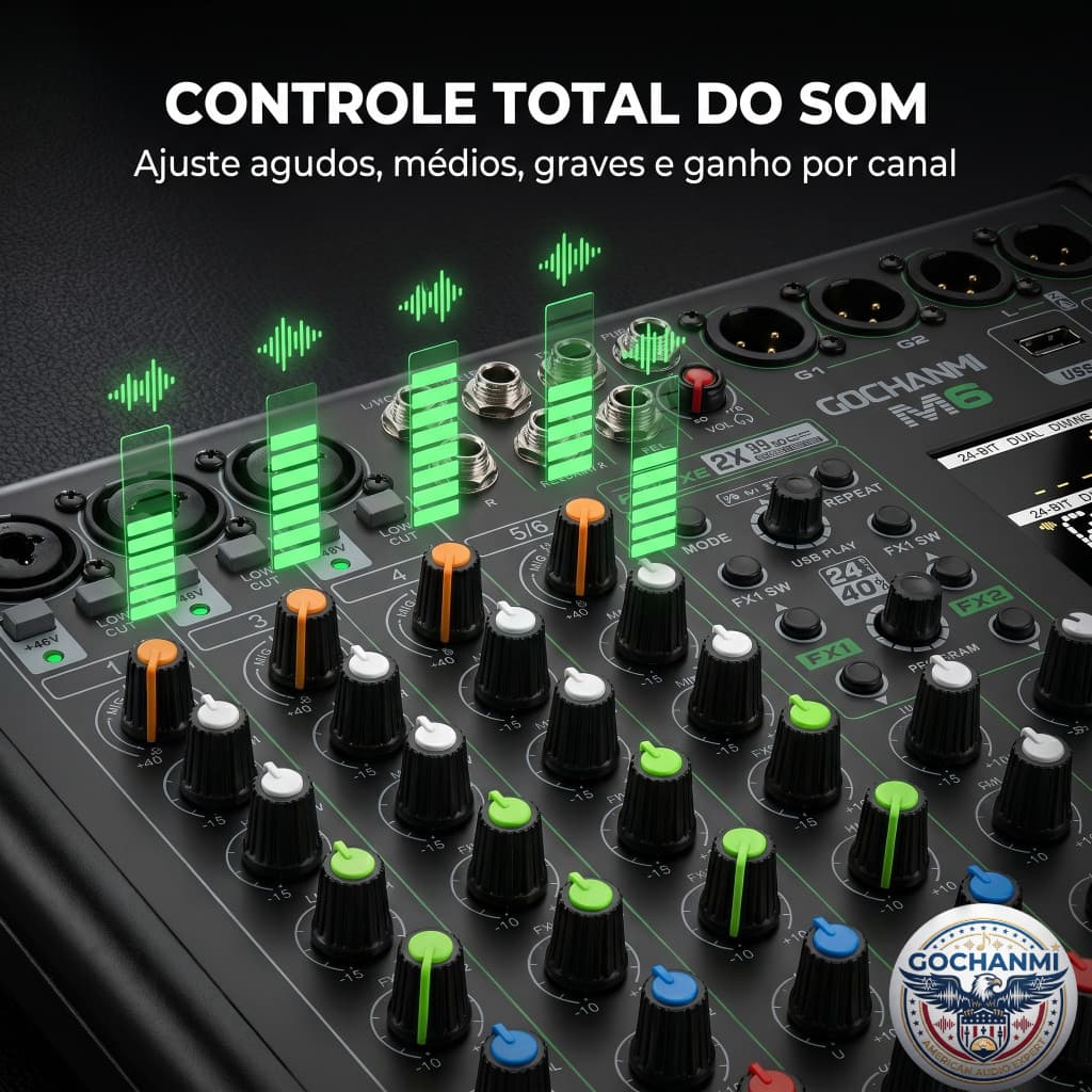 GOCHANMI M6 Mesa de Som com Placa de Som USB para Gravação no PC