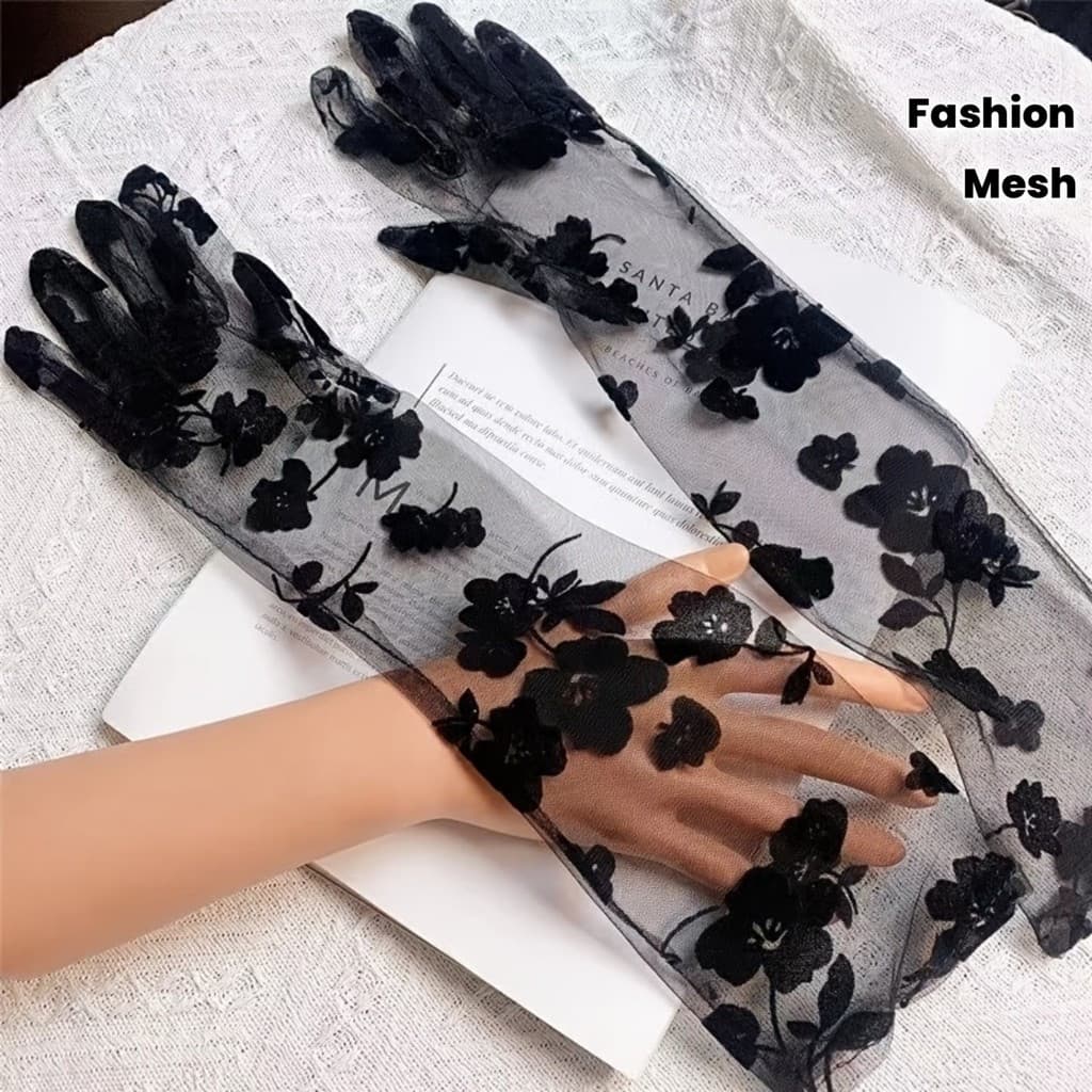 Luvas finas e elegantes para noivas e eventos noturnos, em tule de renda floral preta, acessórios para vestidos.
