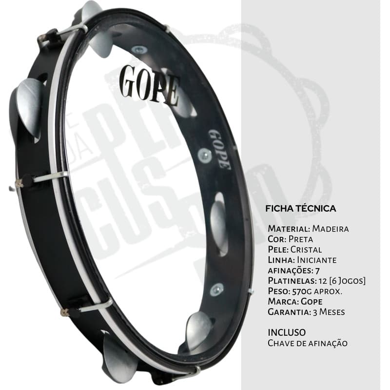 Pandeiro Gope Original 12" Madeira Preto Pele Cristal Iniciante Samba Pagode