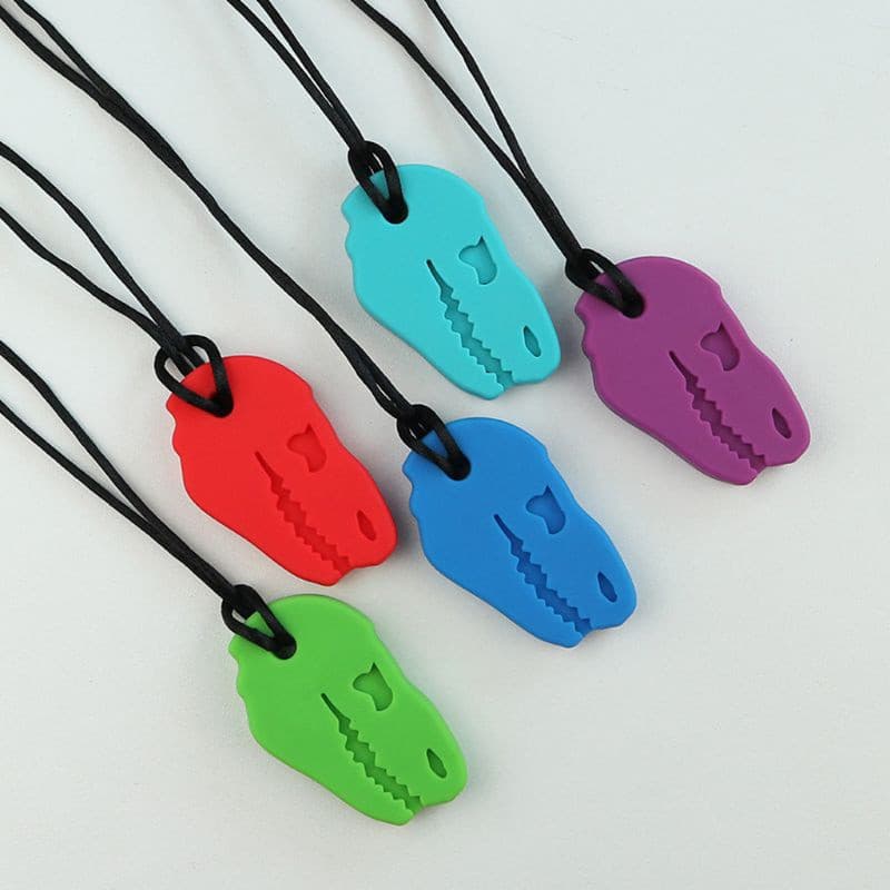 Conjunto Sensorial de Mastigação Colar Brinquedo de Dinossauro Mordida Silicone Calmante Autismo Bebê